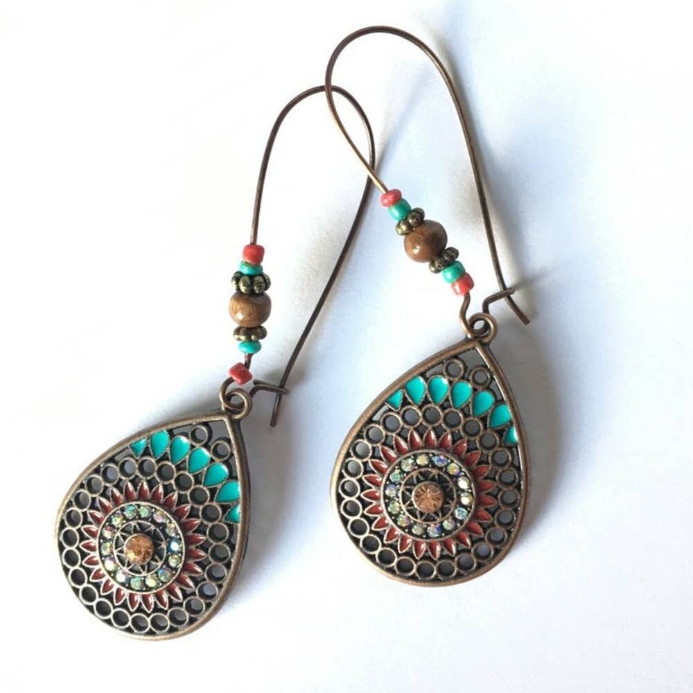 Boho brass tone colorful medallion earrings